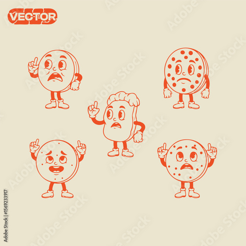 Retro Cartoon Cookies Characters Vector Illustration Set