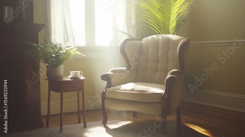 Wallpaper Mural Warm sunlit reading nook with plush armchair, cozy side table holding coffee, green potted plant, inviting atmosphere, natural light, elegant interior design Torontodigital.ca