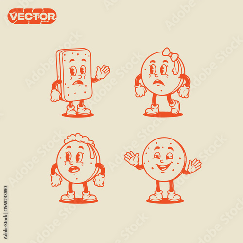 Retro Cartoon Cookie Characters Vintage Biscuit Illustrations