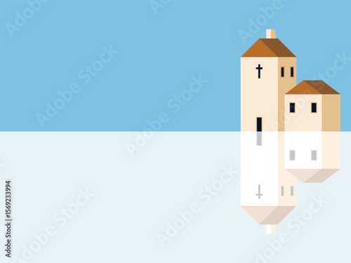 Minimalist Church Illustration with Reflection on River with Copy Space.