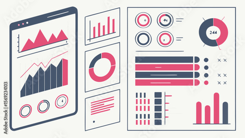 A collection of modern flat design isometric charts and graphs displaying financial data and analytics on a digital device and separate screens for business presentations