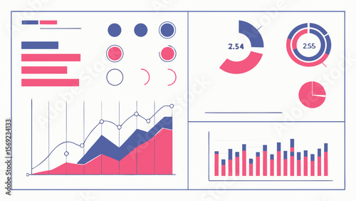 Modern flat design dashboard with various charts and graphs including bar charts line graphs pie charts and donut charts for data visualization and analytics