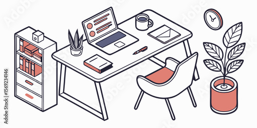 Modern isometric home office setup with desk laptop chair bookshelf plant coffee cup envelope pen and clock for productive work and study