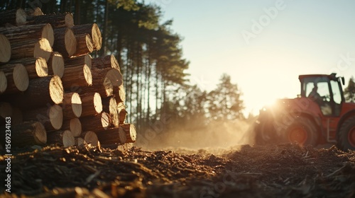 Neatly piled freshly cut timber in a forest clearing with sunlight filtering through trees and bright blue sky background, highlighting natural resources and forestry industry