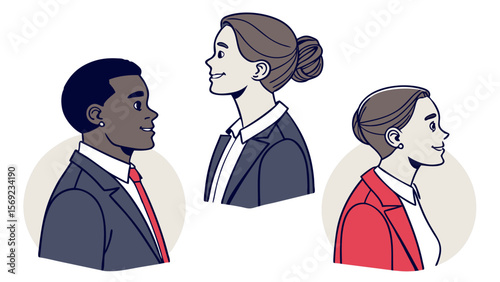 Diverse business professionals in profile view a black man and two white women dressed in smart suits and smiling confidently representing teamwork and collaboration in the workplace