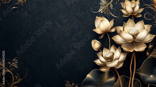 Elegant golden lotus flowers on a fancy background.  Perfect for wallpapers, banners, invitations, or packaging.
