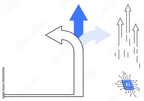 Bold arrows changing direction and moving upward representing growth and decision-making, with AI chip detailing technology influence. Ideal for strategy, innovation, AI, leadership, analytics