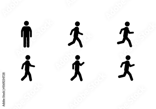 Simple black and white stick figures depicting various human movement stages, from standing to walking and running.