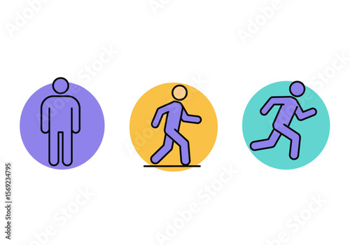 Simple line art icons depicting a person standing, walking, and running.