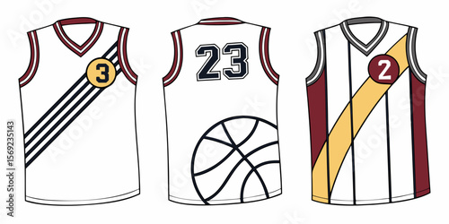 Collection of three stylized basketball jerseys showcasing front and back views with unique graphic designs numbers and team colors perfect for sports apparel concepts