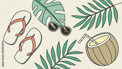 Tropical summer beach vacation essentials flip flops sunglasses coconut drink and leaves isolated on transparent background