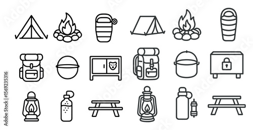 Collection of camping icons including a tent, a backpack, a cooler, a fire pit, and a picnic table