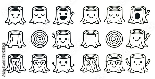 Collection of tree stump faces with different expressions. Some are smiling, some are frowning, and some are just looking at the camera. Scene is lighthearted and playful