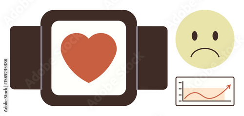 Wearable fitness device with a heart on screen, sad face emotion, and progress chart with upward trend. Ideal for health tracking, fitness, wellness, emotions, data analysis, lifestyle behavior