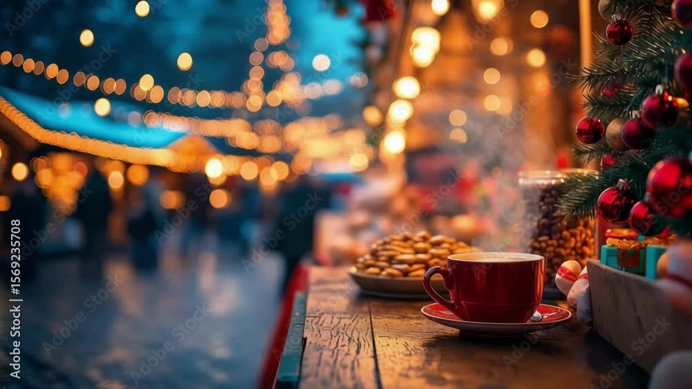 A steaming cup of a hot drink at a christmas market with bokeh lights and people in the background. Cozy holiday atmosphere. Use for festive greetings and seasonal cafe promotions
