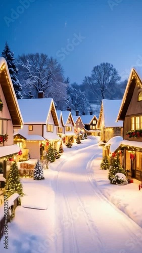 Cozy winter wonderland village at twilight, with snow-covered houses decorated with warm holiday lights