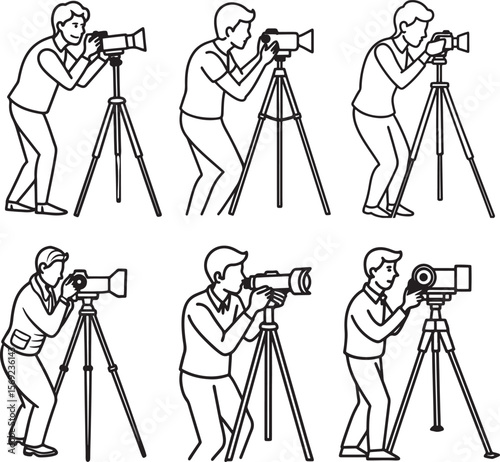 set of man taking photo using tripod line art, black outline, vector and illustration, coloring book page line art drawing