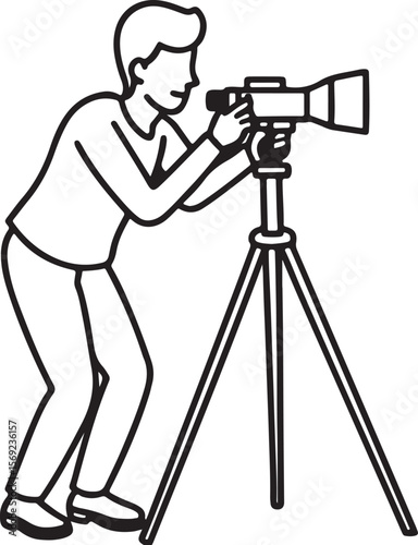 man taking photo using tripod line art, black outline, vector and illustration, coloring book page line art drawing