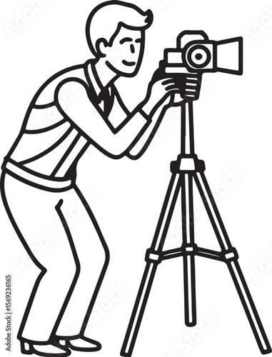 man taking photo using tripod line art, black outline, vector and illustration, coloring book page line art drawing