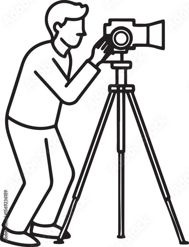 man taking photo using tripod line art, black outline, vector and illustration, coloring book page line art drawing
