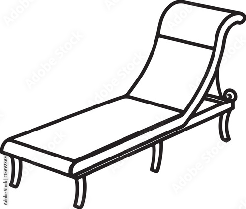 chaise lounge line art, black outline, vector and illustration, coloring book page line art drawing