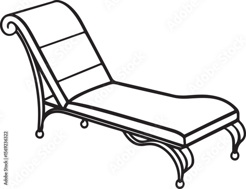 chaise lounge line art, black outline, vector and illustration, coloring book page line art drawing
