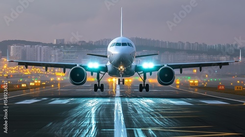 A modern airplane takes off into a colorful sunset, highlighting the beauty of flight and travel.