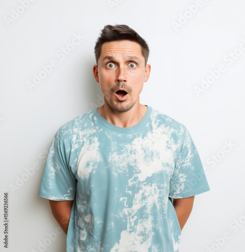 Wallpaper Mural Surprised man with short light brown hair wearing a teal shirt displaying astonishment against a plain background Torontodigital.ca