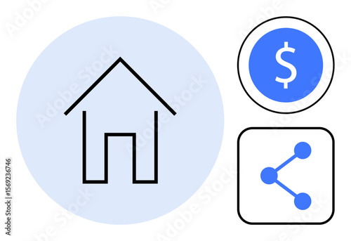 House icon with dollar sign and sharing network, representing real estate, investment, home buying, financial planning, property sharing, marketing, and collaboration. Ideal for simple landing page