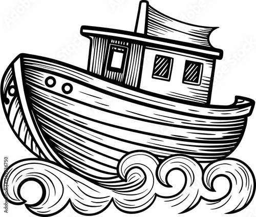 Vintage wooden fishing boat illustration, retro nautical vessel riding ocean waves, hand drawn marine design
