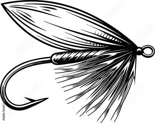 Traditional fishing fly lure illustration classic angling hook with feather detail for fly fishing enthusiasts