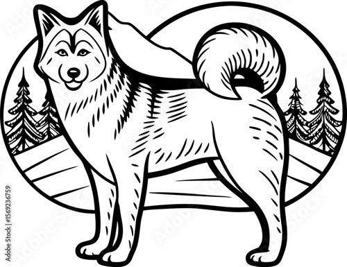 Alaskan malamute illustration strong husky dog with curled tail in winter forest scene, pine trees, snowy landscape