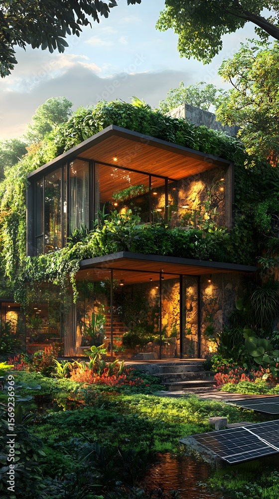 Modern eco-friendly house lush nature photos Modern eco-friendly house lush nature photos
