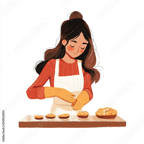 a girl baking cookies with oven mitts