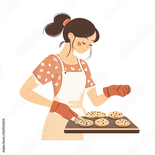 a girl baking cookies with oven mitts