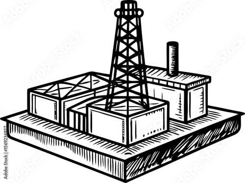 Oil extraction facility with drilling rig and industrial buildings energy production, petroleum infrastructure illustration