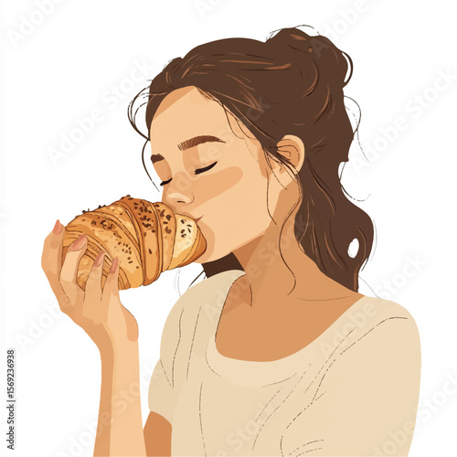 a girl biting a croissant