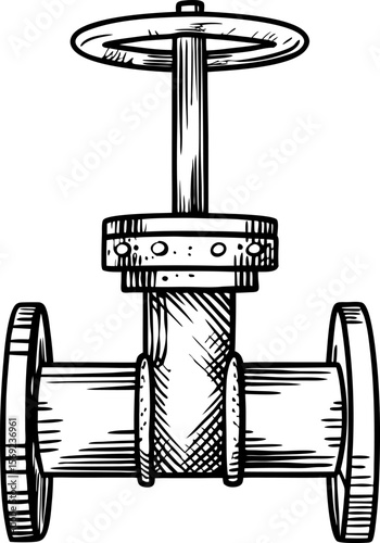 Industrial metal valve handwheel mechanism, isolated detailed vintage illustration of plumbing pipe component