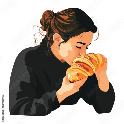 a girl biting a croissant