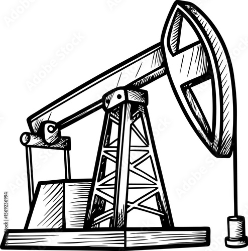 Oil pumpjack extracting crude from underground reservoir vintage black and white sketch illustration, energy industry concept