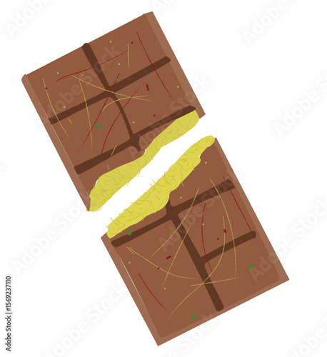 Dubai chocolate. Broken bar of Dubai chocolate with creamy pistachio filling and crispy kataifa dough, 