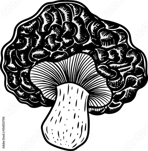 Brain shaped mushroom illustration combining human intelligence and natural elements, creative surreal concept