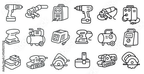 Set of tools and equipment are shown in a line drawing. The tools include a drill, a saw, a hammer, and a wrench. Concept of craftsmanship and precision