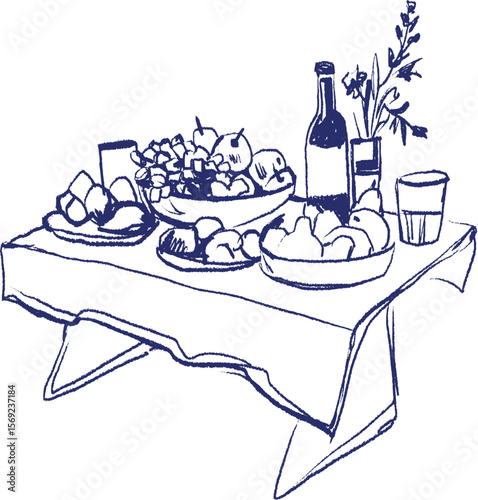 Hand Drawn Rustic Dinner Table with Wine, Bread and Fruit. Vintage Style Food and Drink Sketch for Farmhouse Decor, Menus and Kitchen Posters