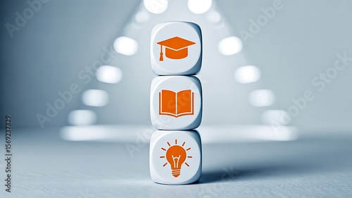 Wallpaper Mural education and idea icons printed on white dice stacked on blue background
 Torontodigital.ca