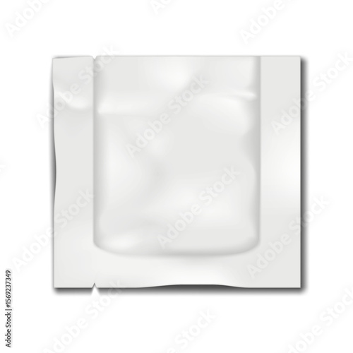 Blank white square three-side seal sachet packet with tear notches. 3d mockup. Plastic pouch bag. Realistic vector mock-up. Food, medical or cosmetic product individual package. Template for design