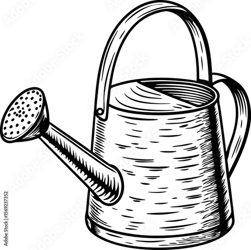 Vintage garden watering can illustration hand drawn metal container with long spout and handle for irrigation