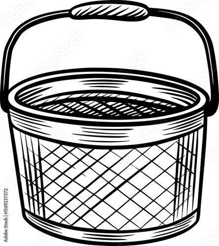 hand drawn wicker basket with handle vintage empty container, rustic kitchen or picnic utensil illustration