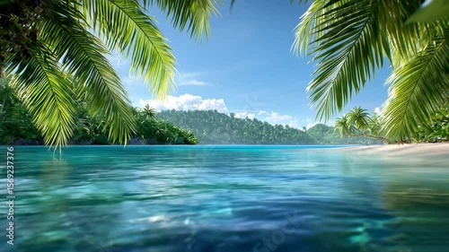 Tranquil Tropical Beach Scene with Turquoise Water and Lush Palm Trees
