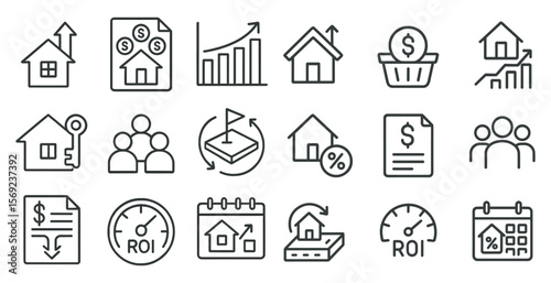 Set of icons for real estate, including a house, a key, a calculator, a clock, a house with a flag, a house with a sign, a house with a paper, a house with a person, a house with a person